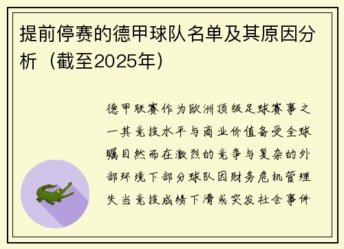 提前停赛的德甲球队名单及其原因分析（截至2025年）
