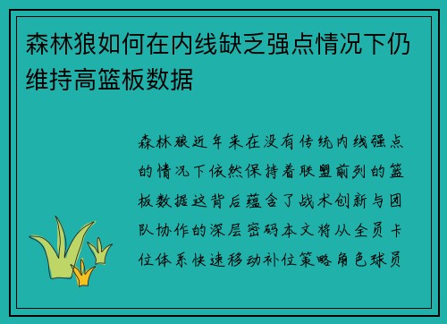 森林狼如何在内线缺乏强点情况下仍维持高篮板数据