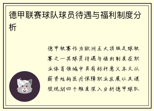 德甲联赛球队球员待遇与福利制度分析